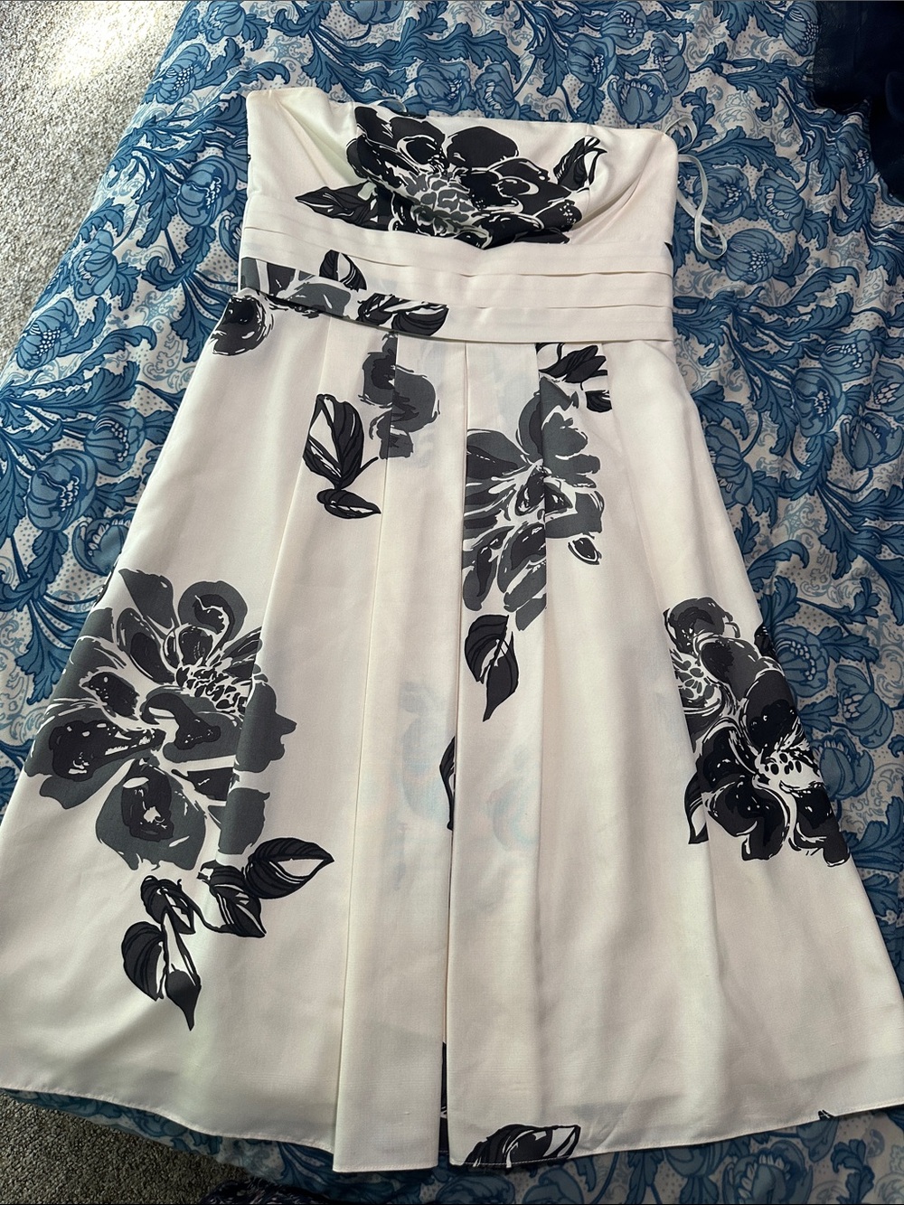 Ann Taylor Strapless White Dress with Black Floral Accents